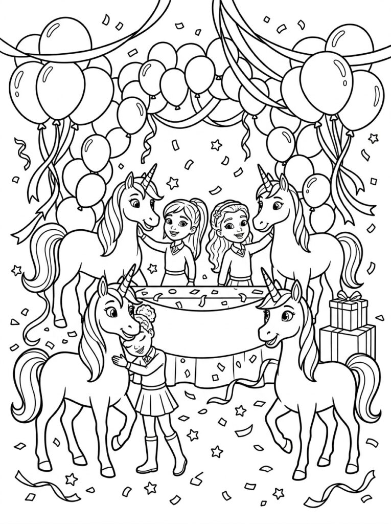 Meisjes en eenhoorns op feest met ballonnen confetti en cadeaus