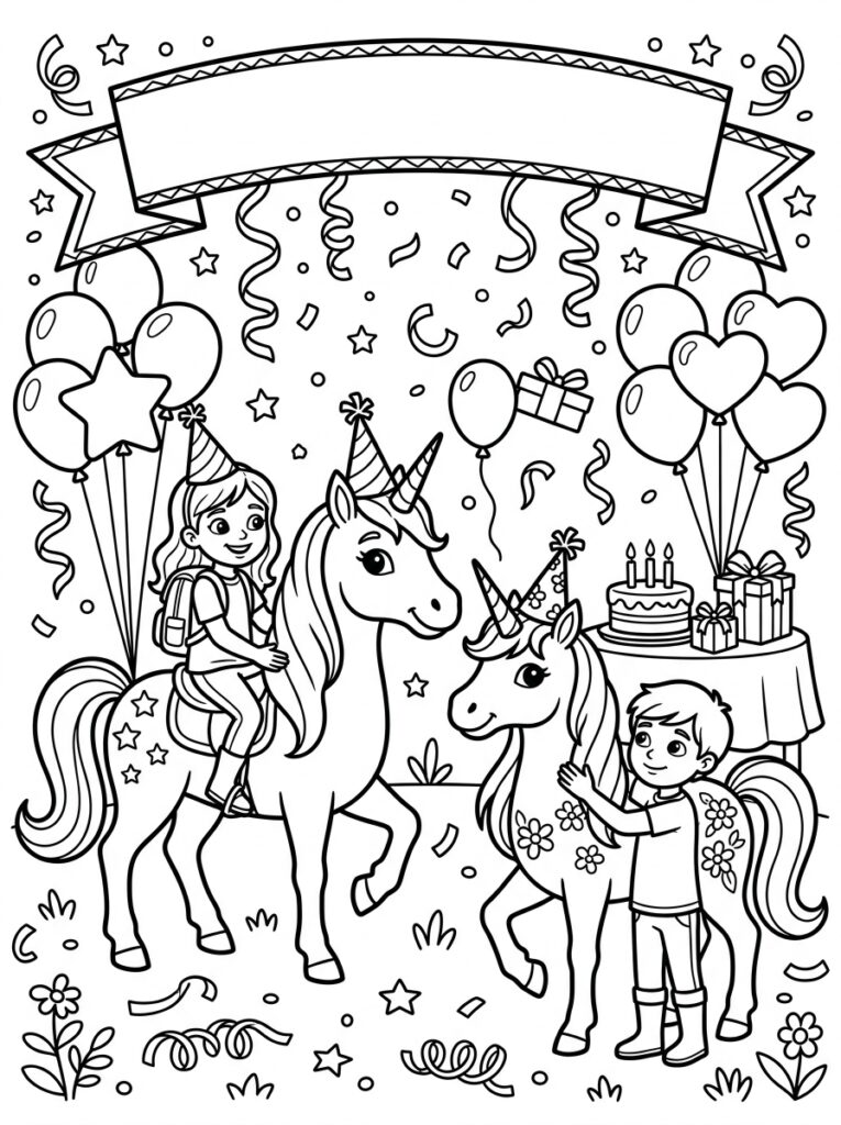 Meisje en jongen met eenhoorns bij taart en ballonnen