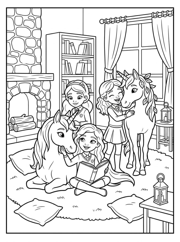 Drie meisjes met eenhoorns lezen boek bij haard