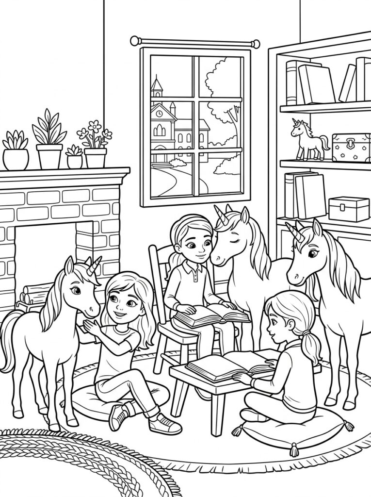Drie meisjes lezen boeken met drie eenhoorns