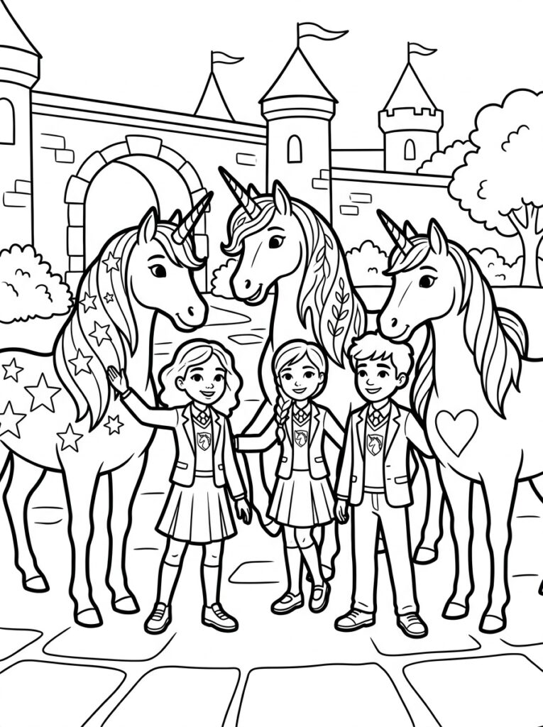 Drie kinderen met drie eenhoorns voor kasteel