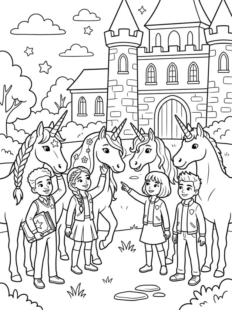 Vier kinderen met vier eenhoorns voor kasteel