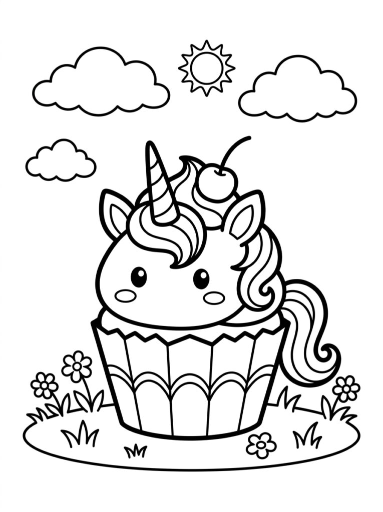 Eenhoorn cupcake met hoorn kers wolken en zon