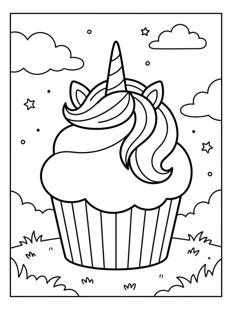 Eenhoorn cupcake met hoorn sterren en wolken