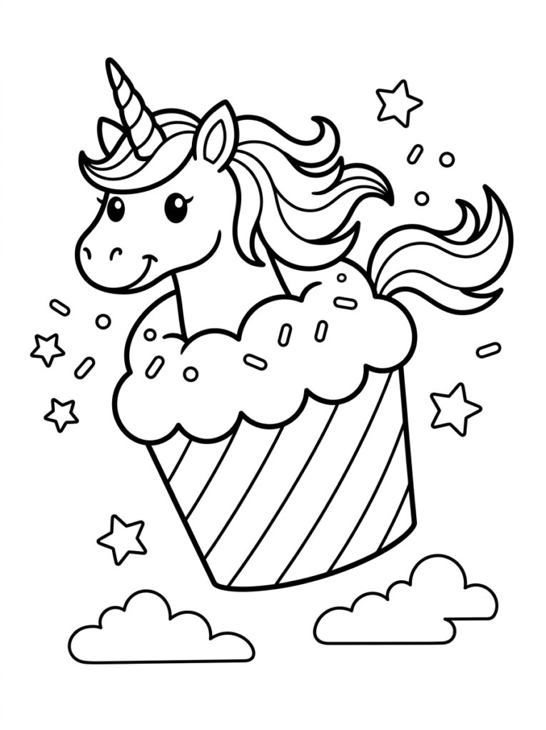 Eenhoorn hoofd uit cupcake met sterren wolken