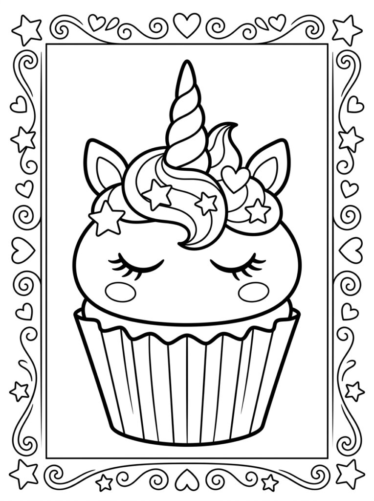 Eenhoorn cupcake met gesloten ogen sterren hartjes