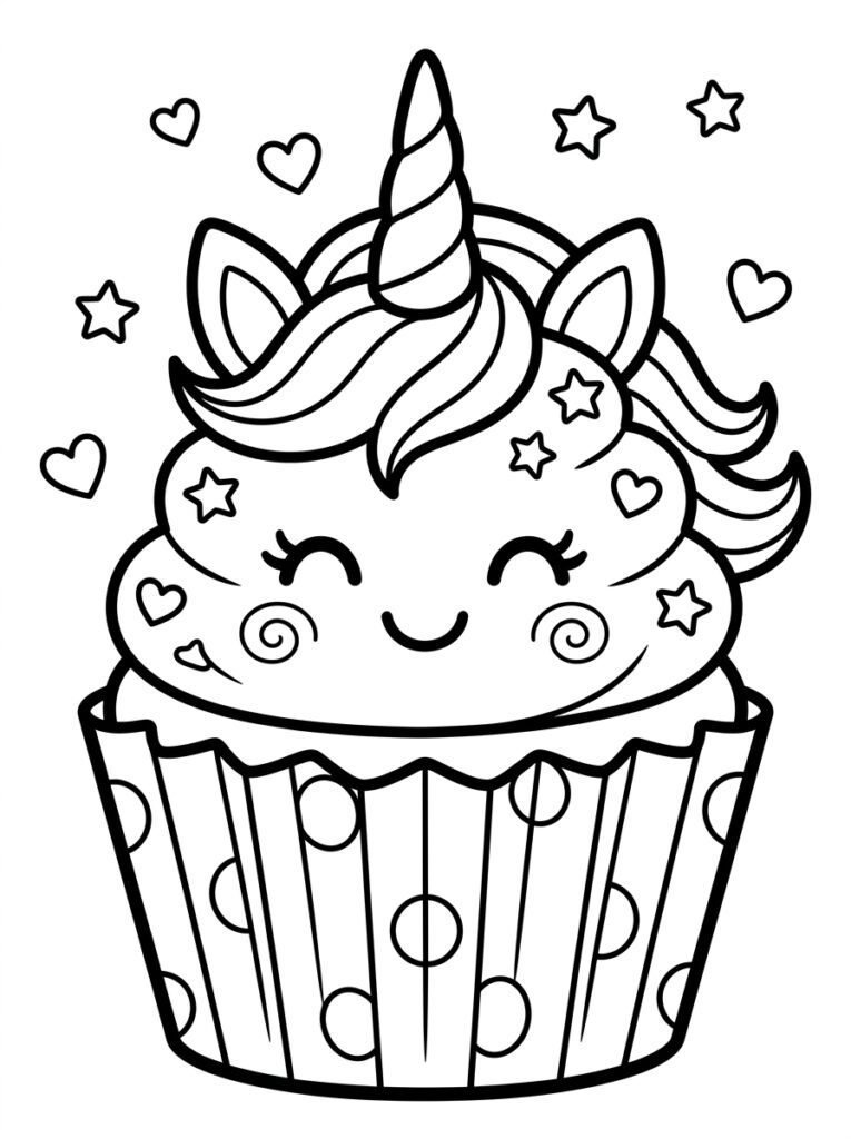 Eenhoorn cupcake omringd door sterren en harten