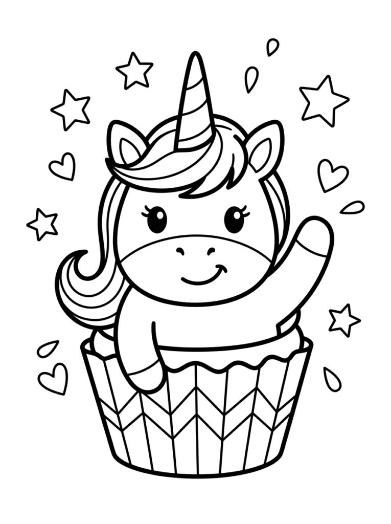 Eenhoorn in cupcake zwaaiend met poot