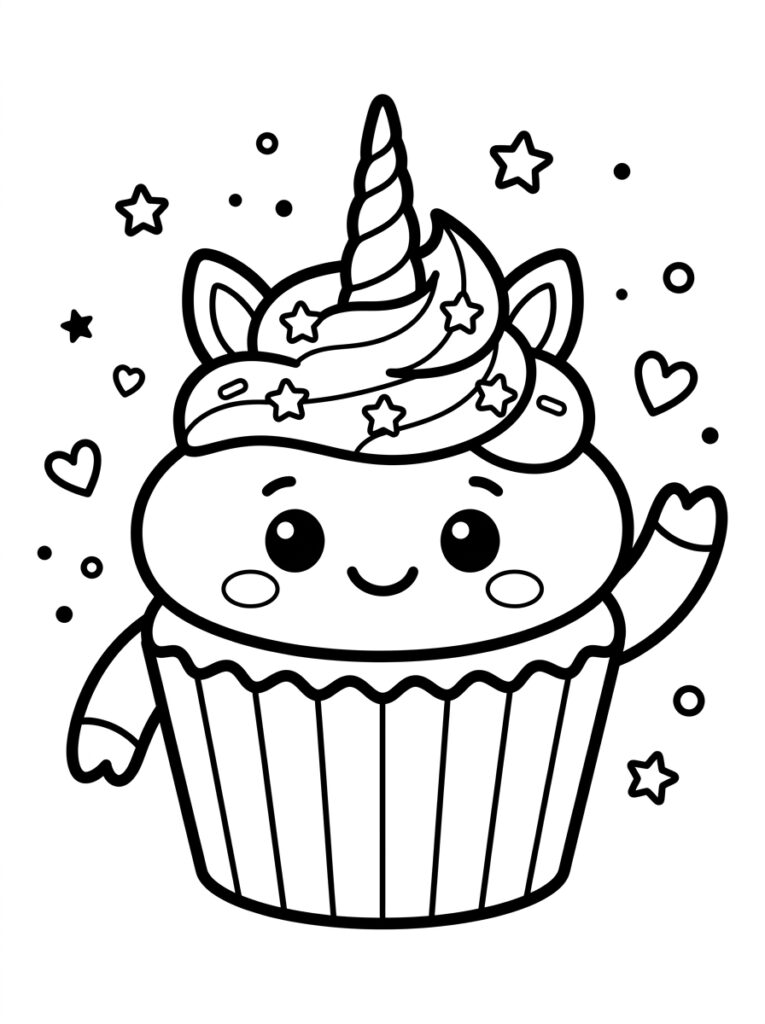 Eenhoorn cupcake met hoorn gezicht armen sterren en harten