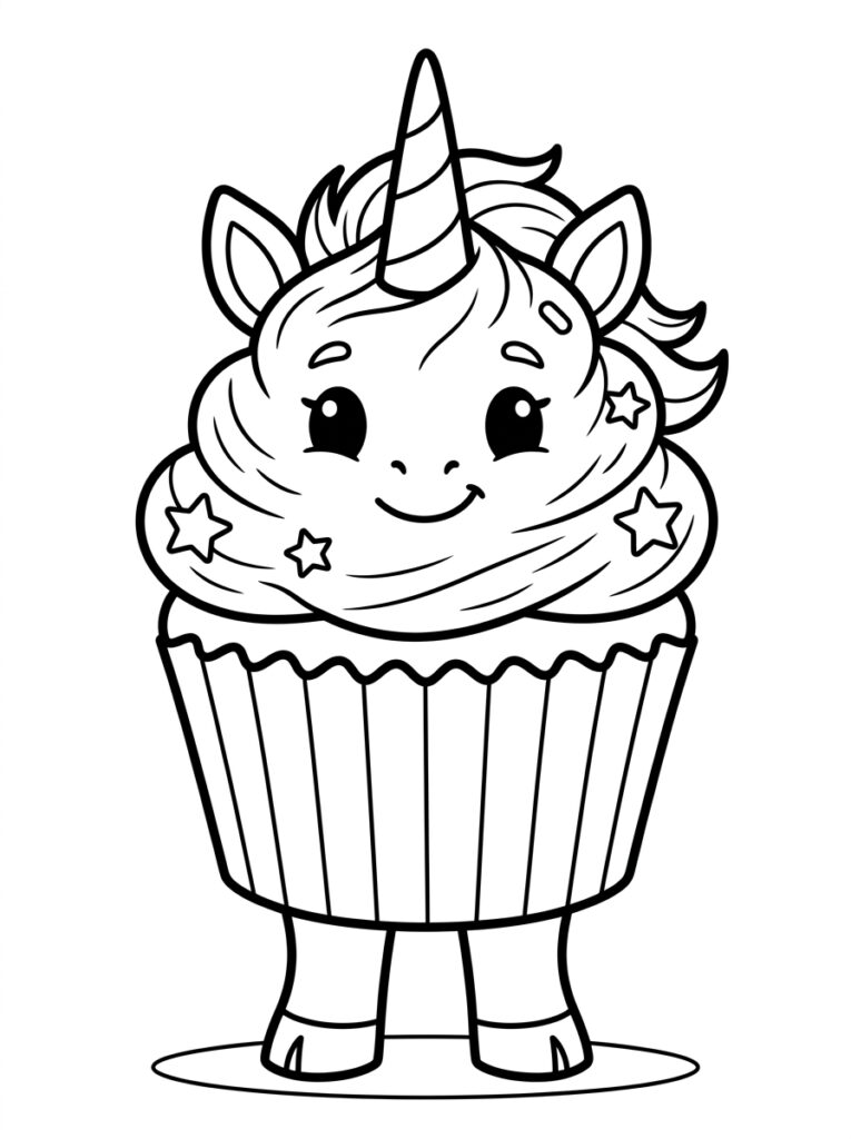 Eenhoorn cupcake met hoorn grote ogen glimlach en sterren