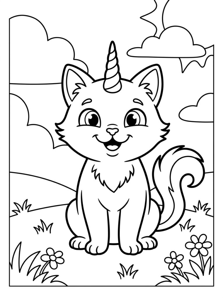 Unicorn kat zit lachend in wei met bloemen
