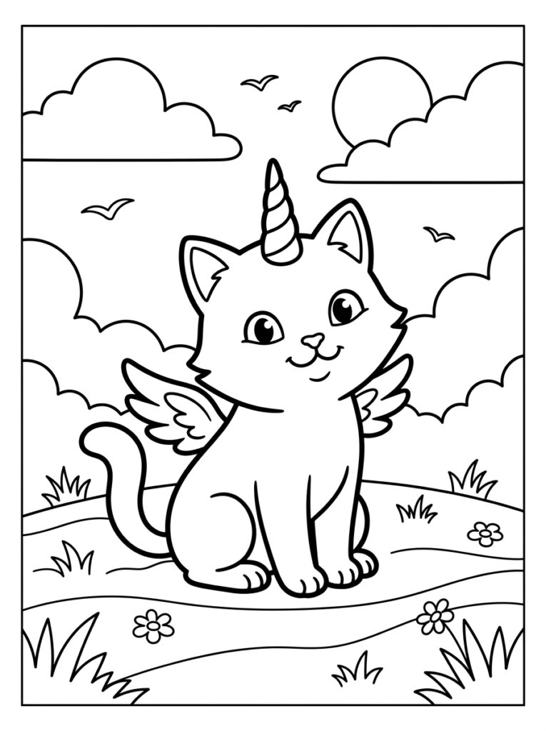 Unicorn kat met vleugels zit in landschap met vogels