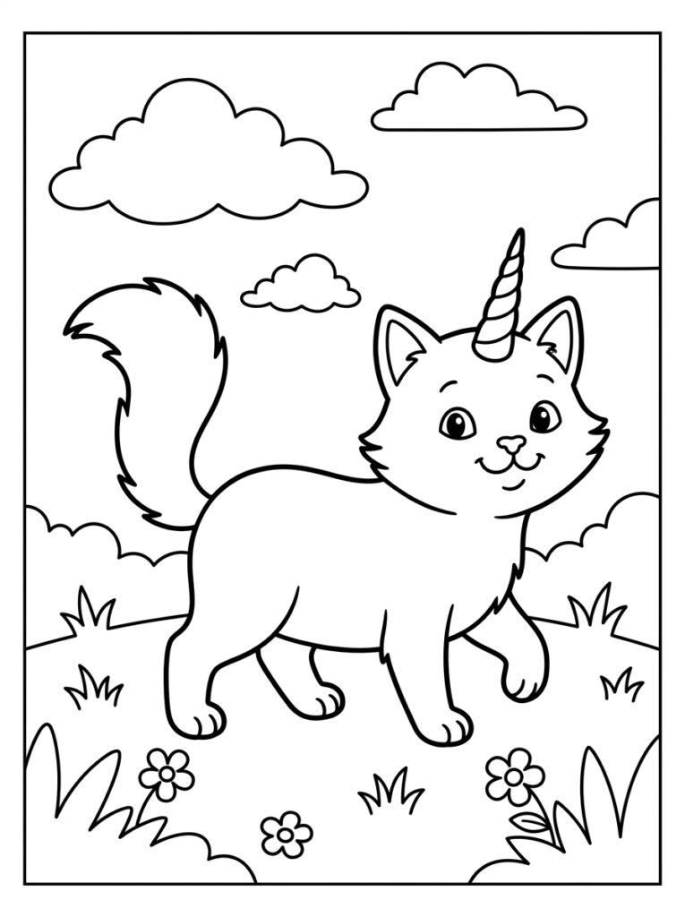 Unicorn kat loopt door grasveld met bloemen en wolken
