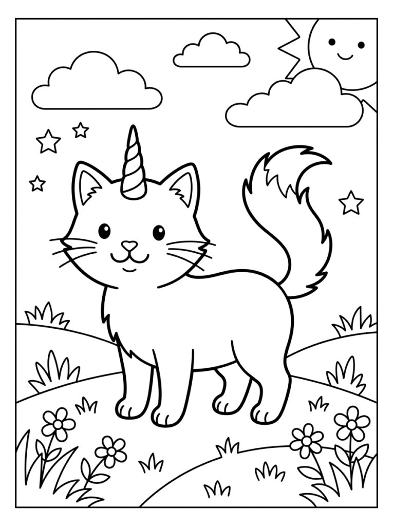 Unicorn kat staat tussen bloemen onder sterren en zon