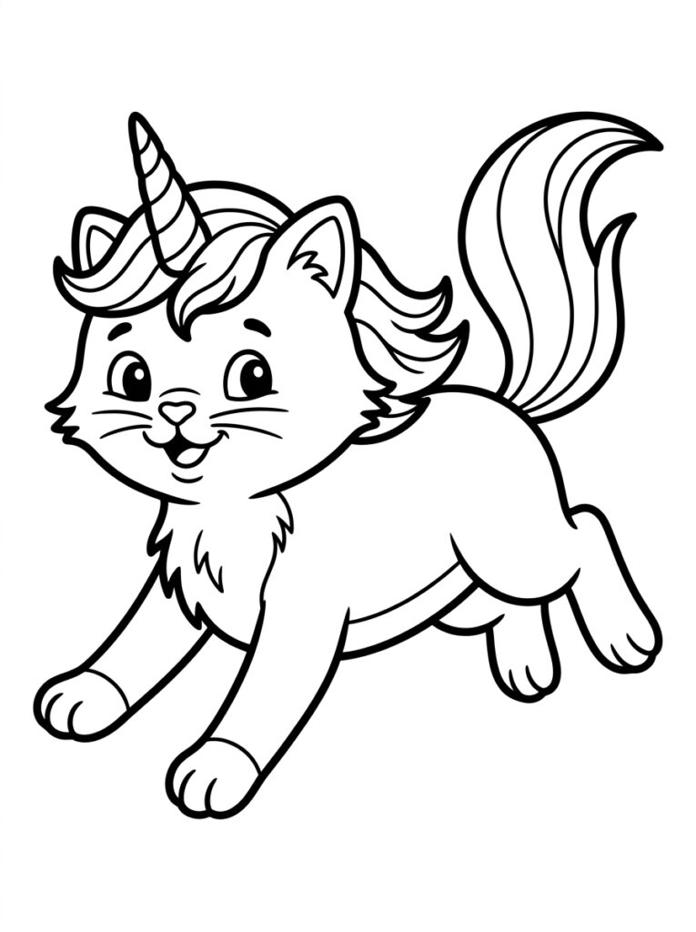 Unicorn kat rent met open mond en gestrekte poten