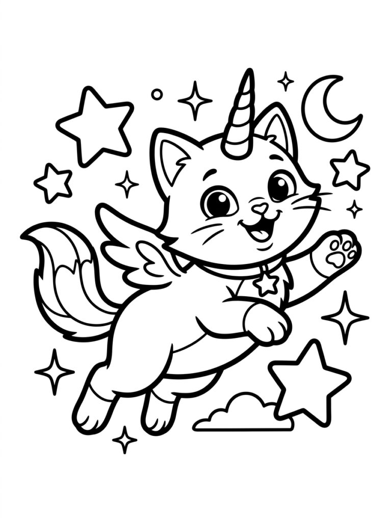 Unicorn kat met vleugels vliegt tussen sterren en maan