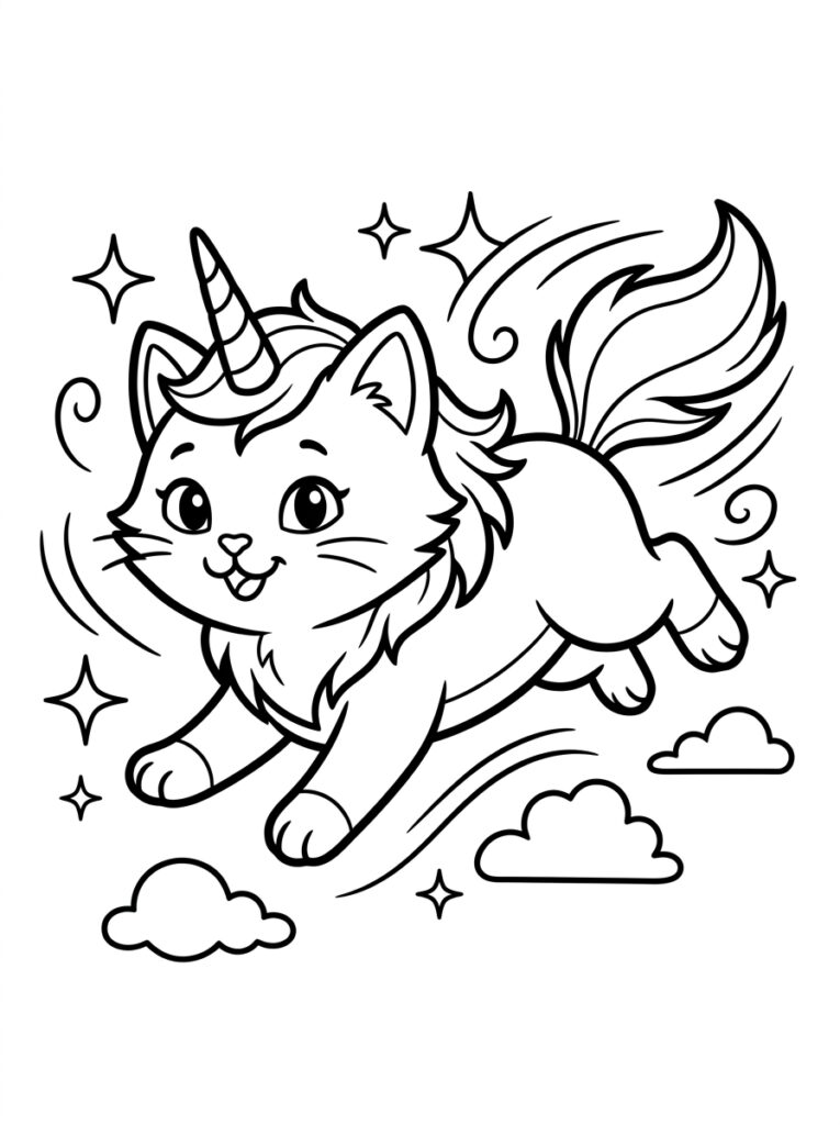 Unicorn kat springt tussen sterren en wolken