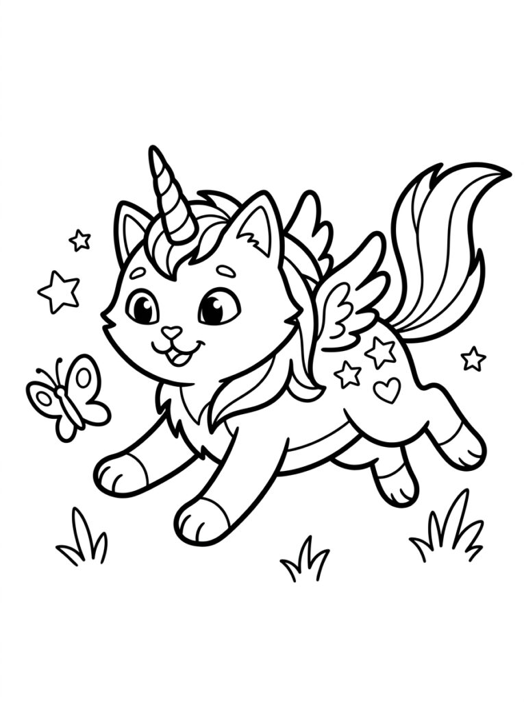 Unicorn kat met vleugels naast vlinder