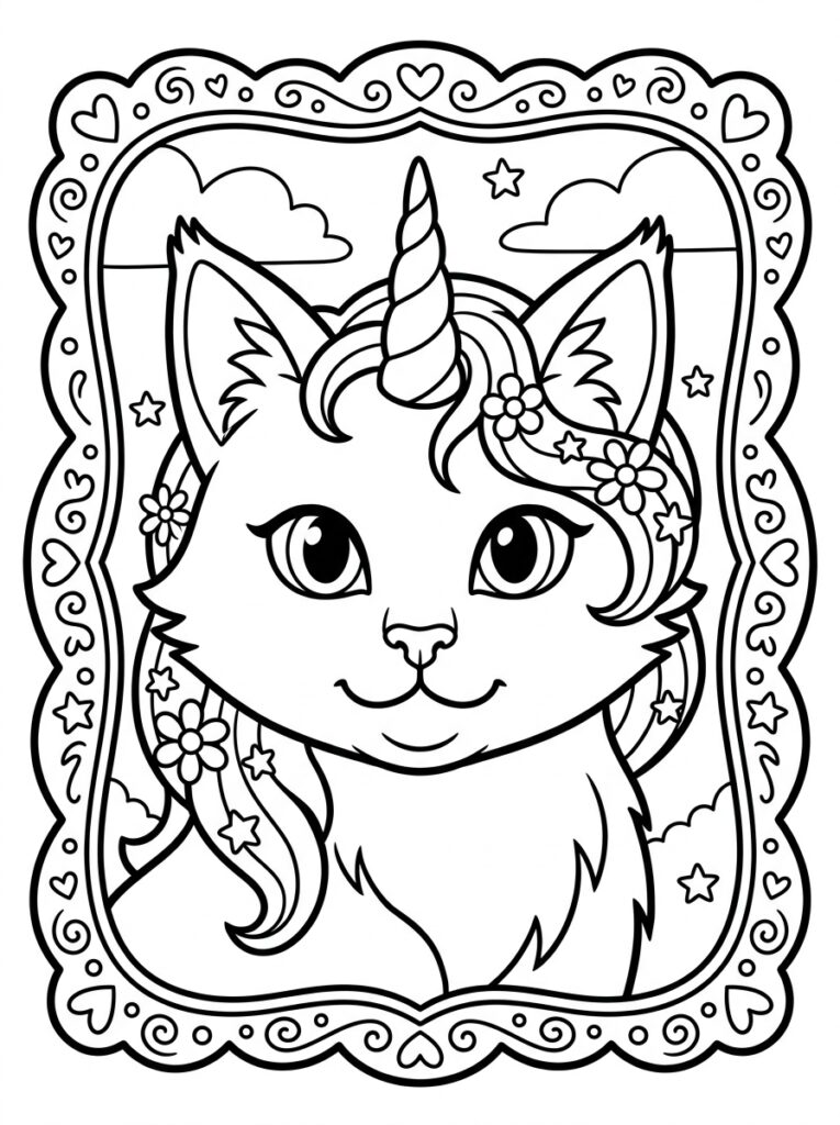 Unicorn kat met bloemen in hartjeslijst