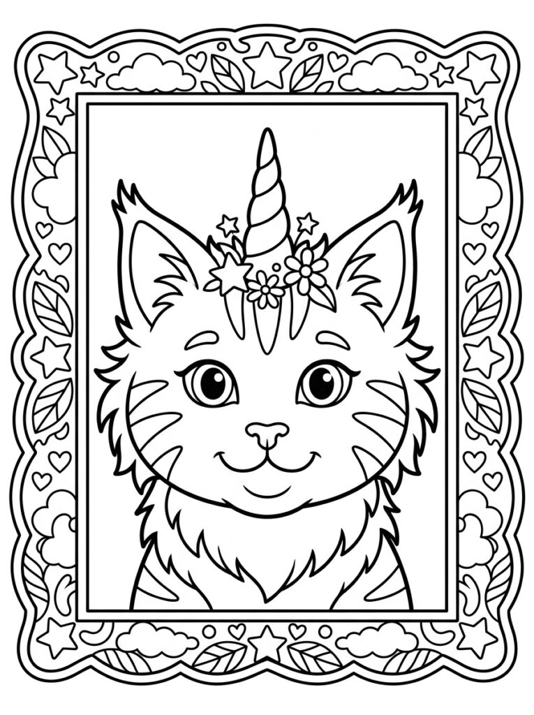 Unicorn kat met bloemen in sterrenlijst