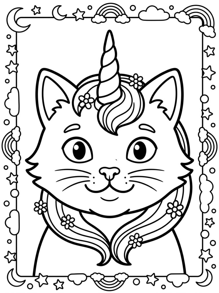 Unicorn kat met bloemen in regenbooglijst
