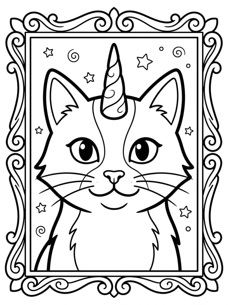 Unicorn kat in sierlijst met sterren