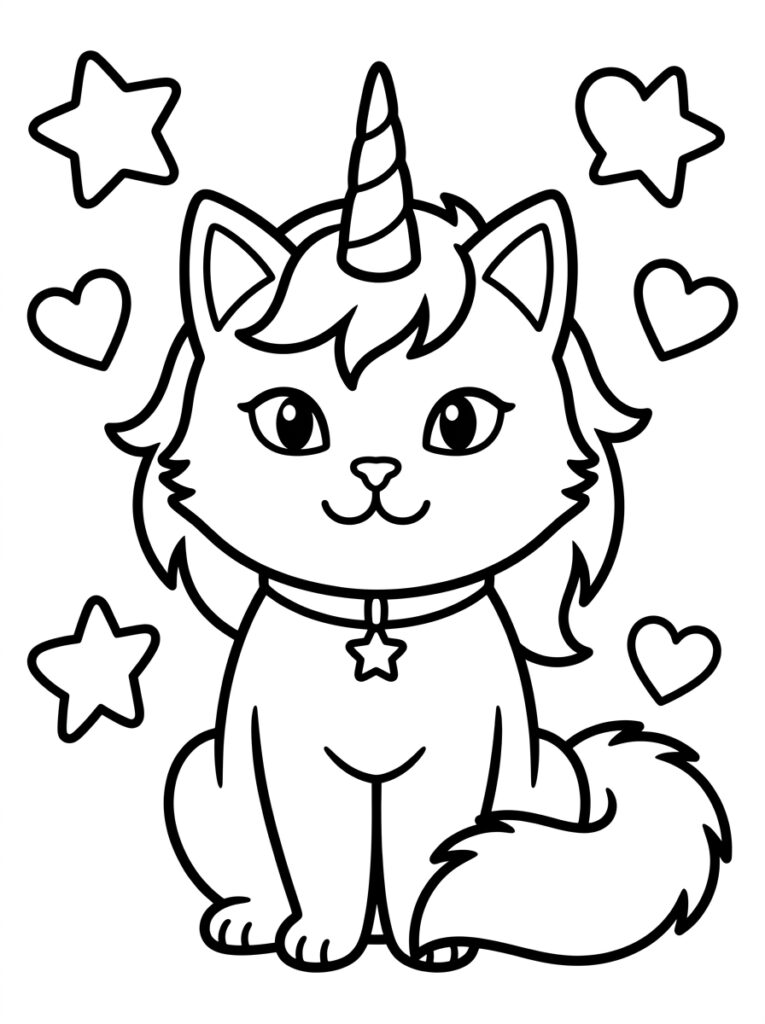 Unicorn kat met hoorn en sterhalsband tussen sterren en harten