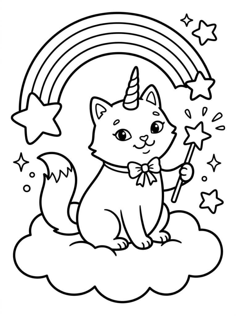 Unicorn kat met strik houdt sterstaf op wolk