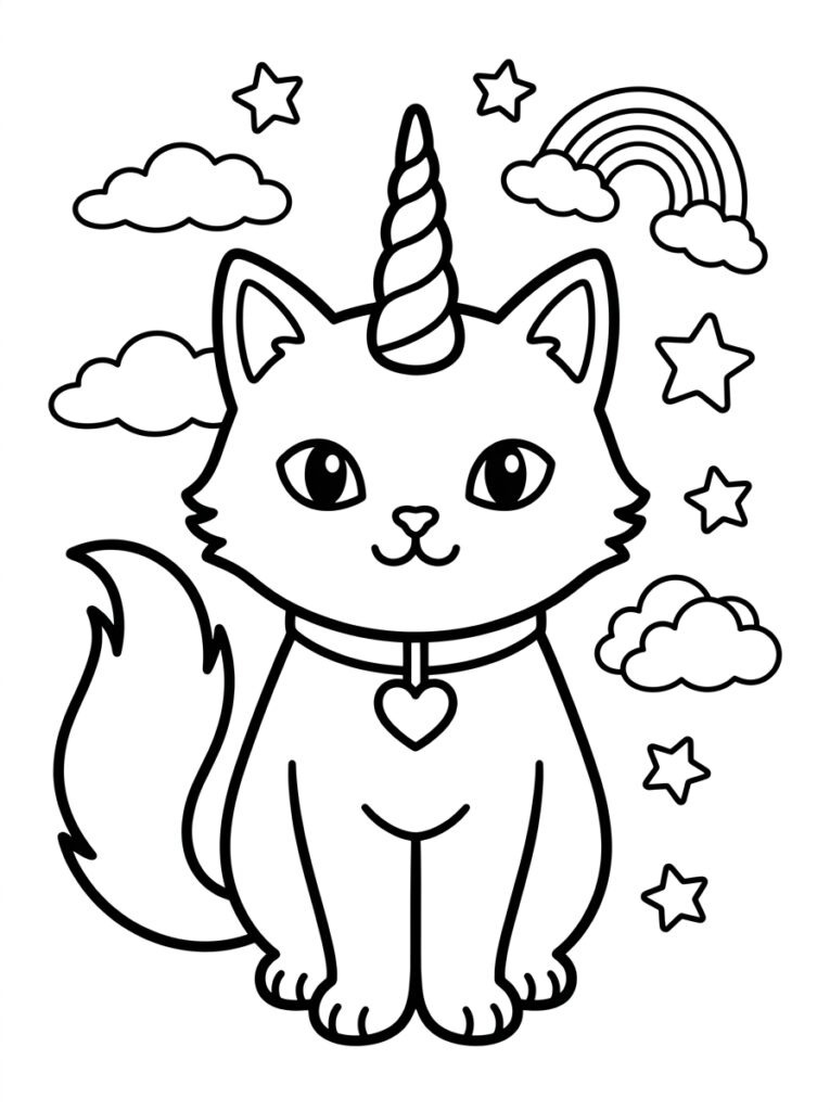 Unicorn kat met hart hanger tussen wolken en sterren