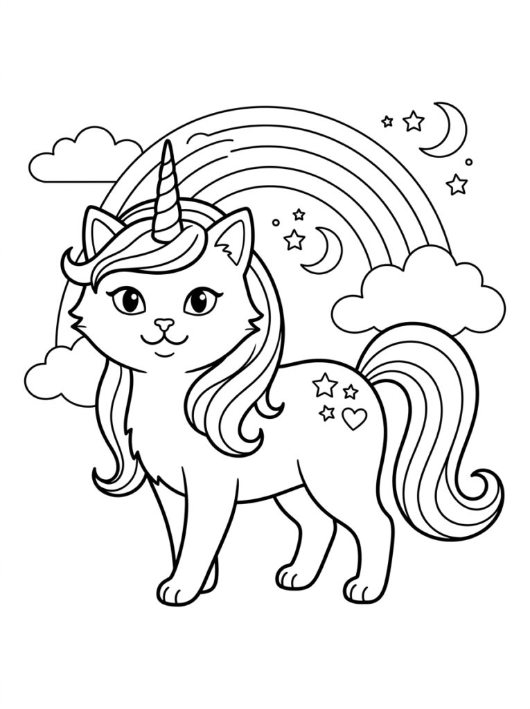 Unicorn kat met lange manen voor regenboog en maan