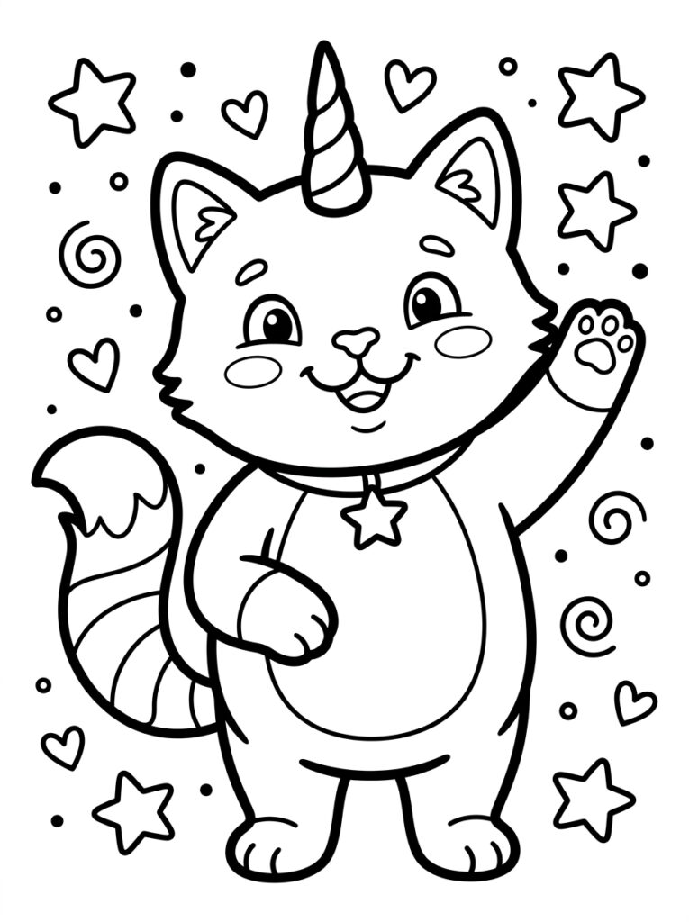 Unicorn kat zwaait met poot tussen sterren en harten