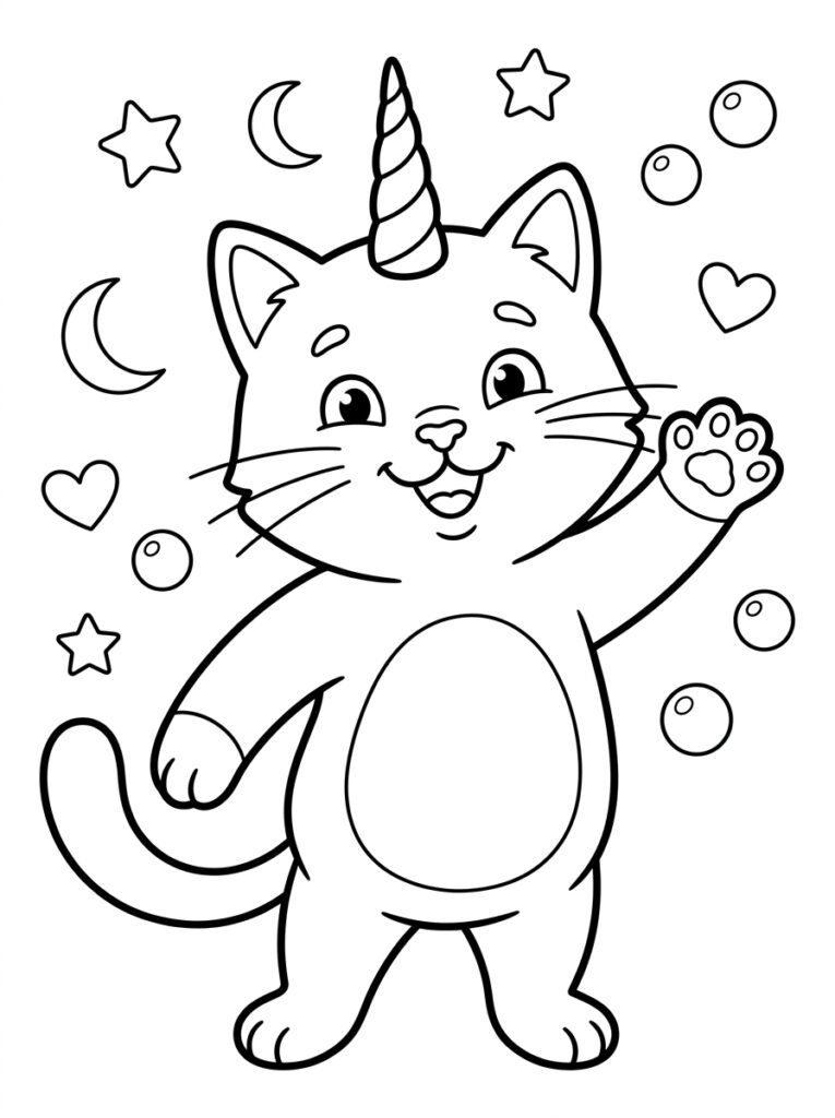 Unicorn kat zwaait met poot bij manen sterren en harten