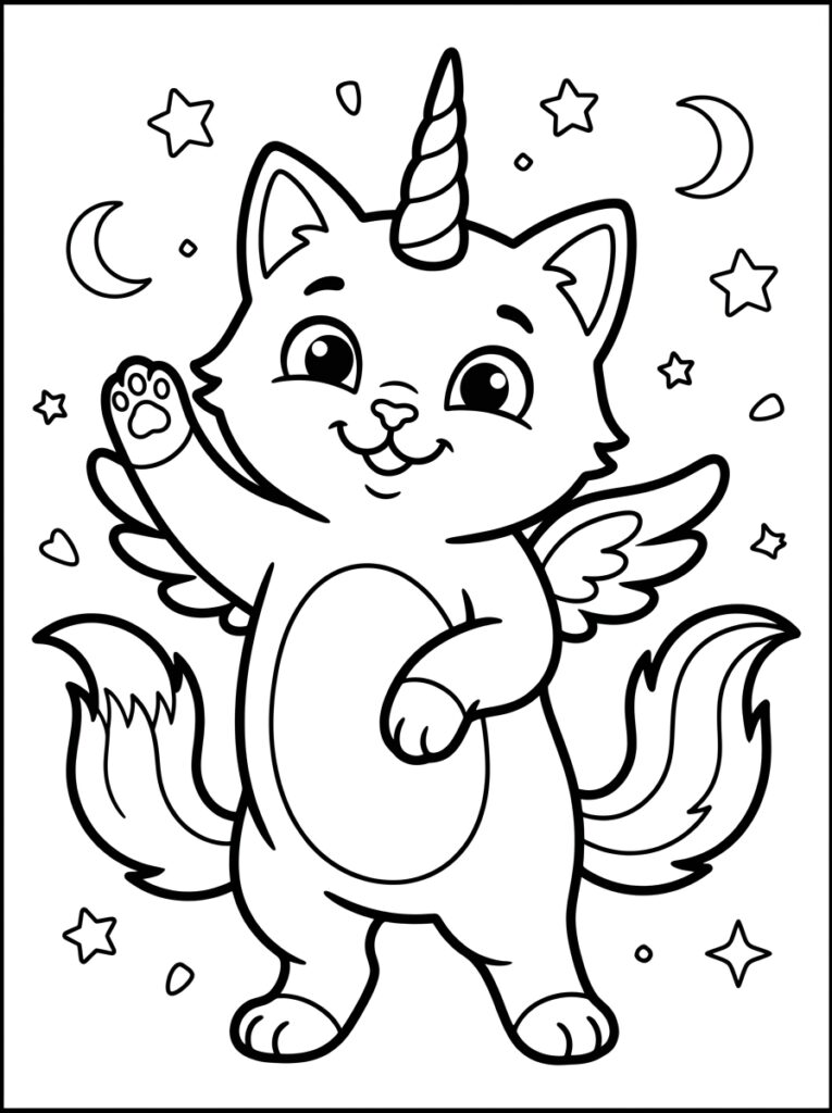 Unicorn kat met hoorn vleugels manen en sterren