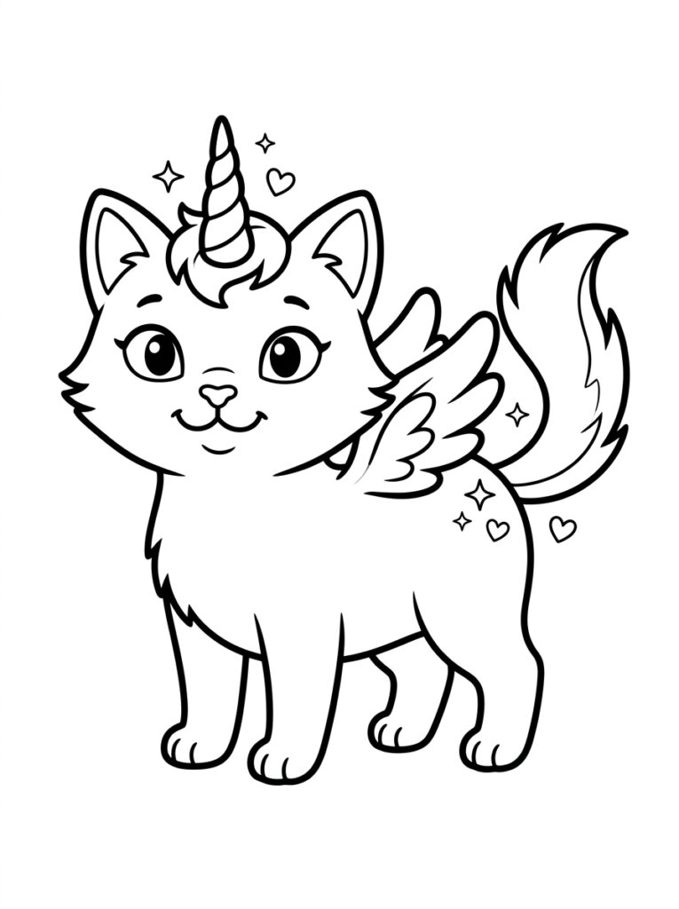 Unicorn kat met hoorn vleugels en hartjes
