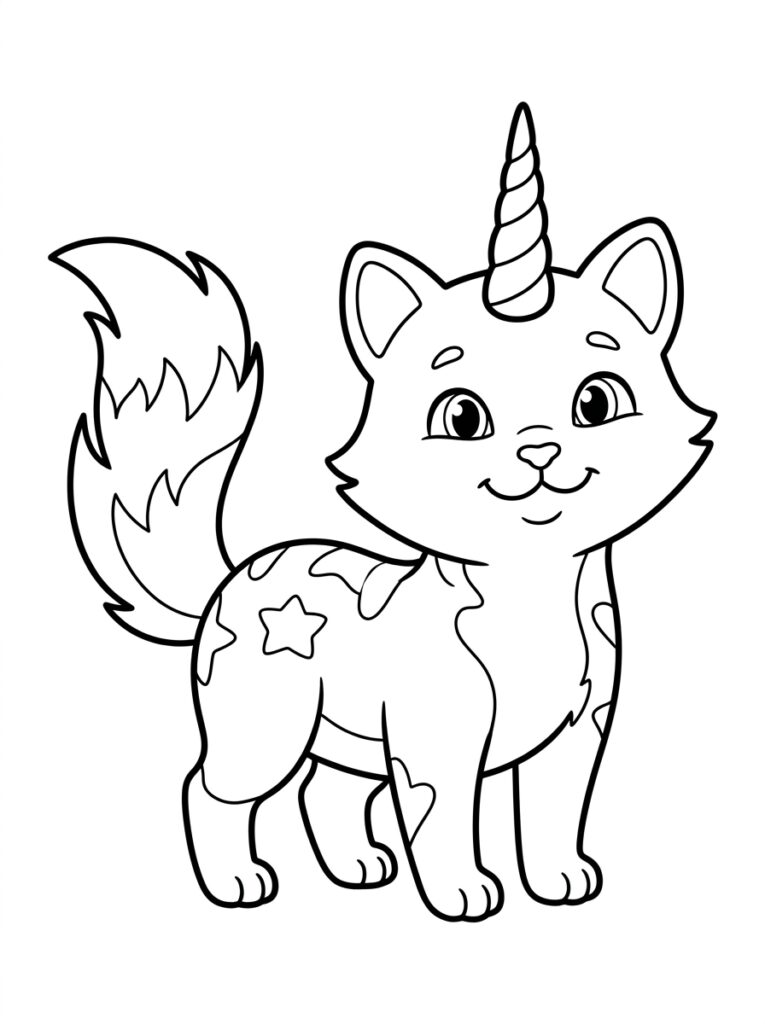 Unicorn kat met hoorn sterrenpatroon en vlammende staart