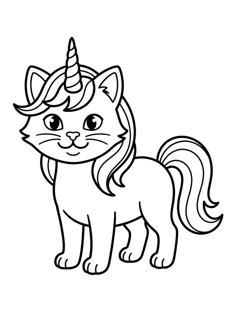 Unicorn kat met hoorn lange manen en staart