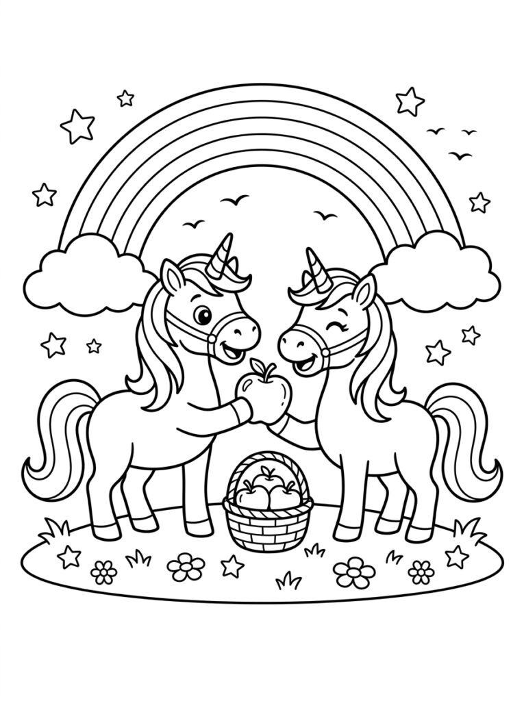 Twee eenhoorns delen appel bij mand onder regenboog