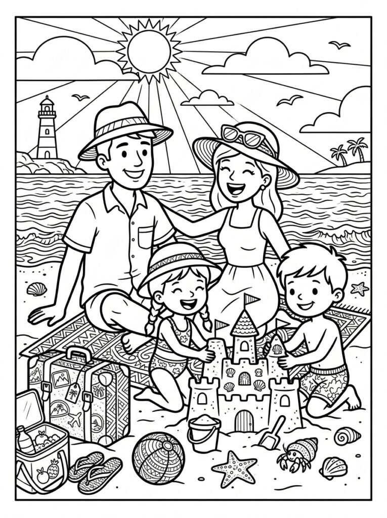 Kleurplaat van een familie die een zandkasteel bouwt op het strand met koffers, emmer, schelpen, bal, vuurtoren, zon en vogels