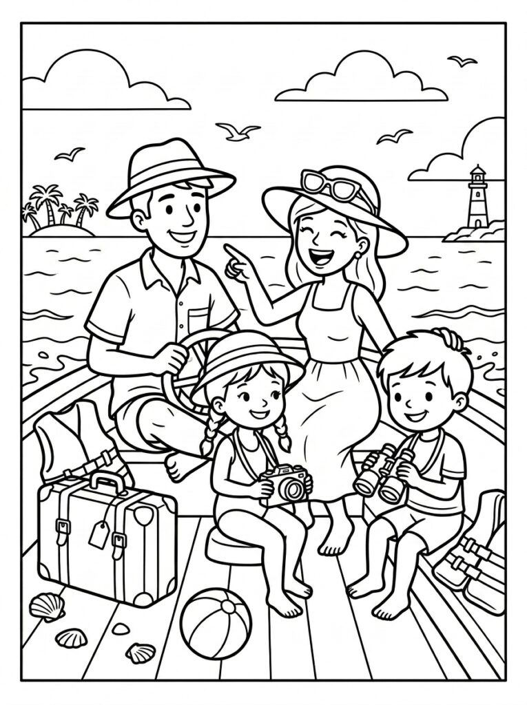 Kleurplaat van een familie op een boot met stuurwiel, camera, verrekijker, koffer en bal met vuurtoren, palmbomen en vogels