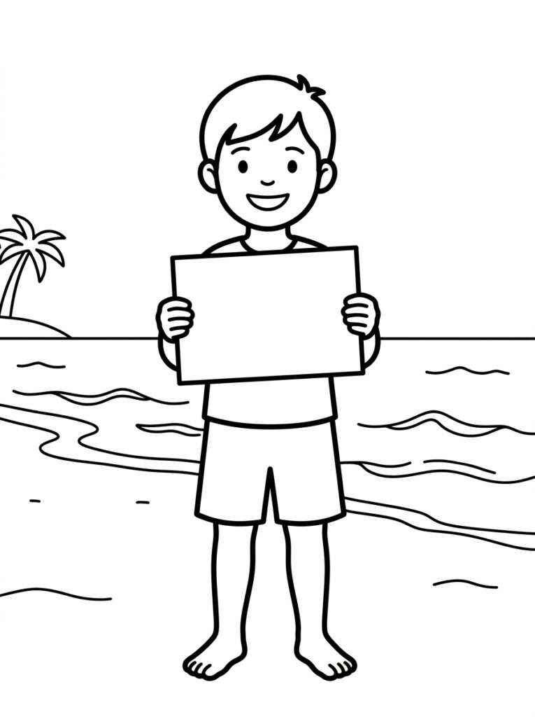 Kleurplaat van een jongen die een leeg rechthoekig bord vasthoudt op het strand met palmboom en golven
