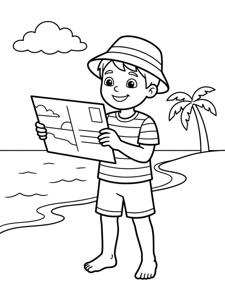 Kleurplaat van een jongen met hoed die een kaart bekijkt op het strand met palmboom, wolk en golven