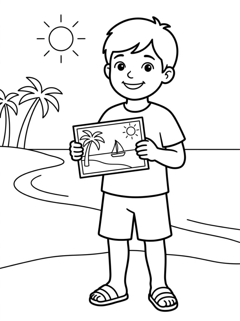 Kleurplaat van een jongen die een tekening vasthoudt met palmboom, zon, zeilboot en strand