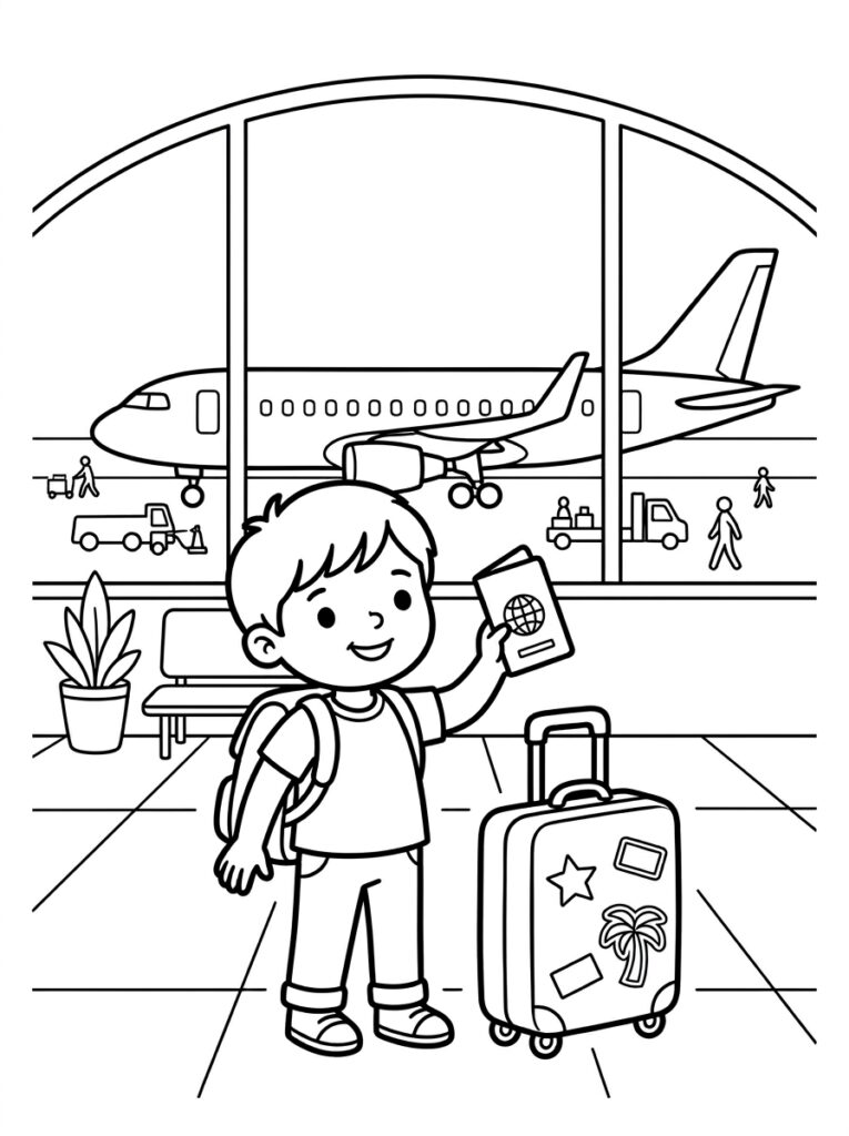 Kleurplaat van een jongen met paspoort, rugzak en koffer bij een vliegtuig op de luchthaven