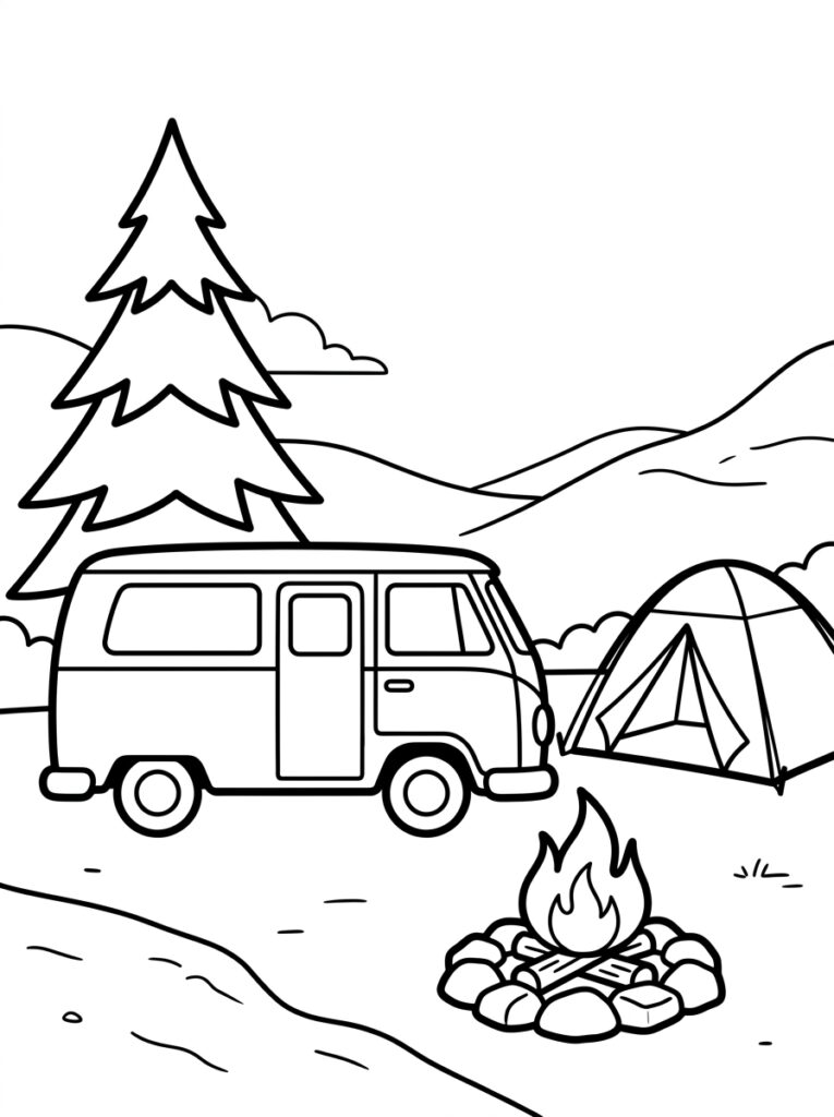 Kleurplaat van een kampeerbus, tent, kampvuur en dennenboom in berglandschap