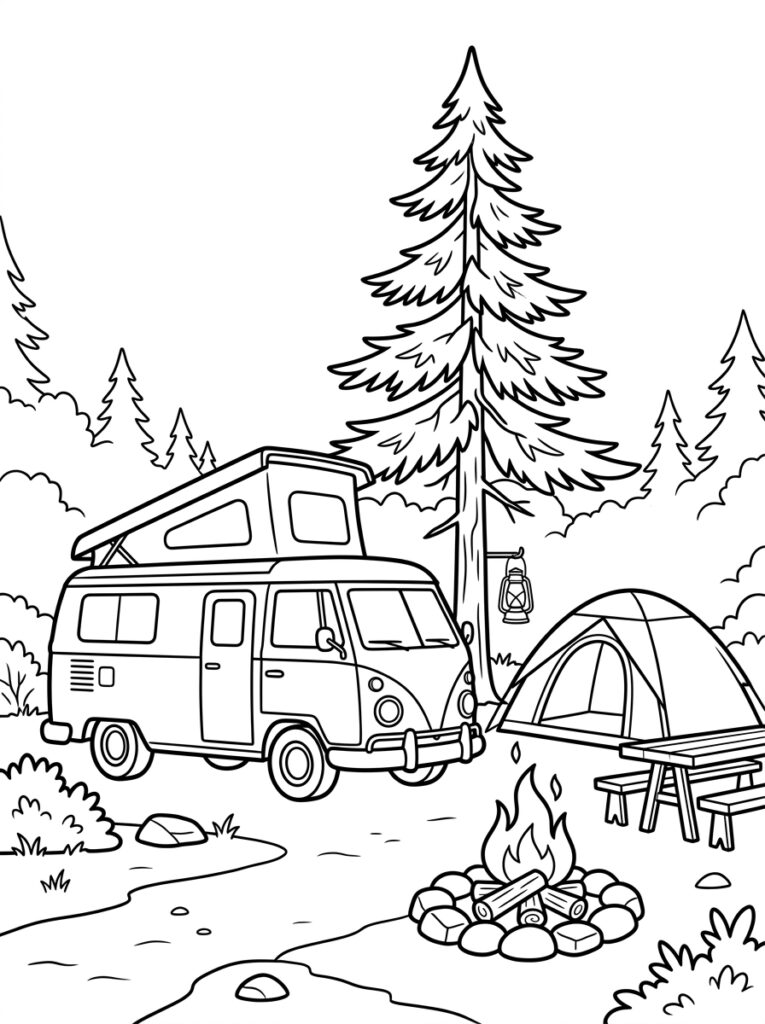 Kleurplaat van een kampeerauto met opbouw, tent, kampvuur, picknicktafel, lantaarn en bomen