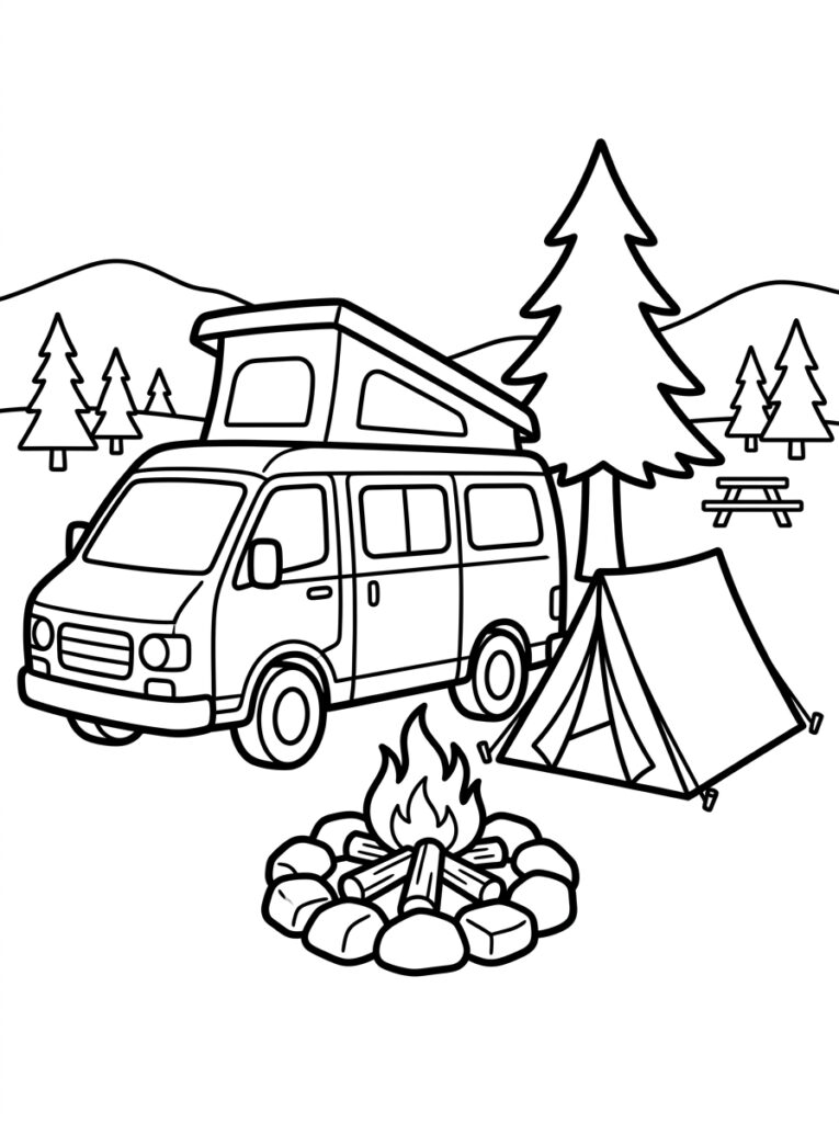 Kleurplaat van een kampeerbus, tent, kampvuur en dennenbomen in berglandschap