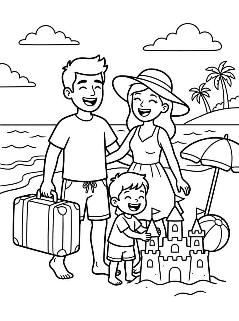 Kleurplaat van een familie met koffer en zandkasteel op het strand met parasol, bal en palmbomen