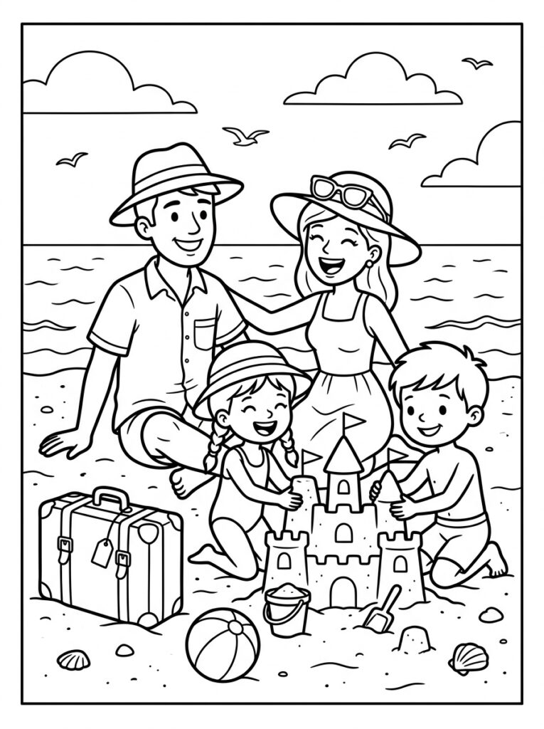 Kleurplaat van een familie die een zandkasteel bouwt op het strand met koffer, emmer, schep, bal, schelpen en vogels