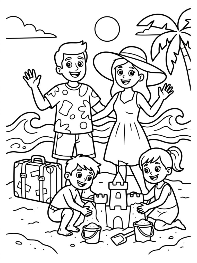 Kleurplaat van een familie die zwaait terwijl kinderen een zandkasteel bouwen met emmers, schep, koffer en palmboom