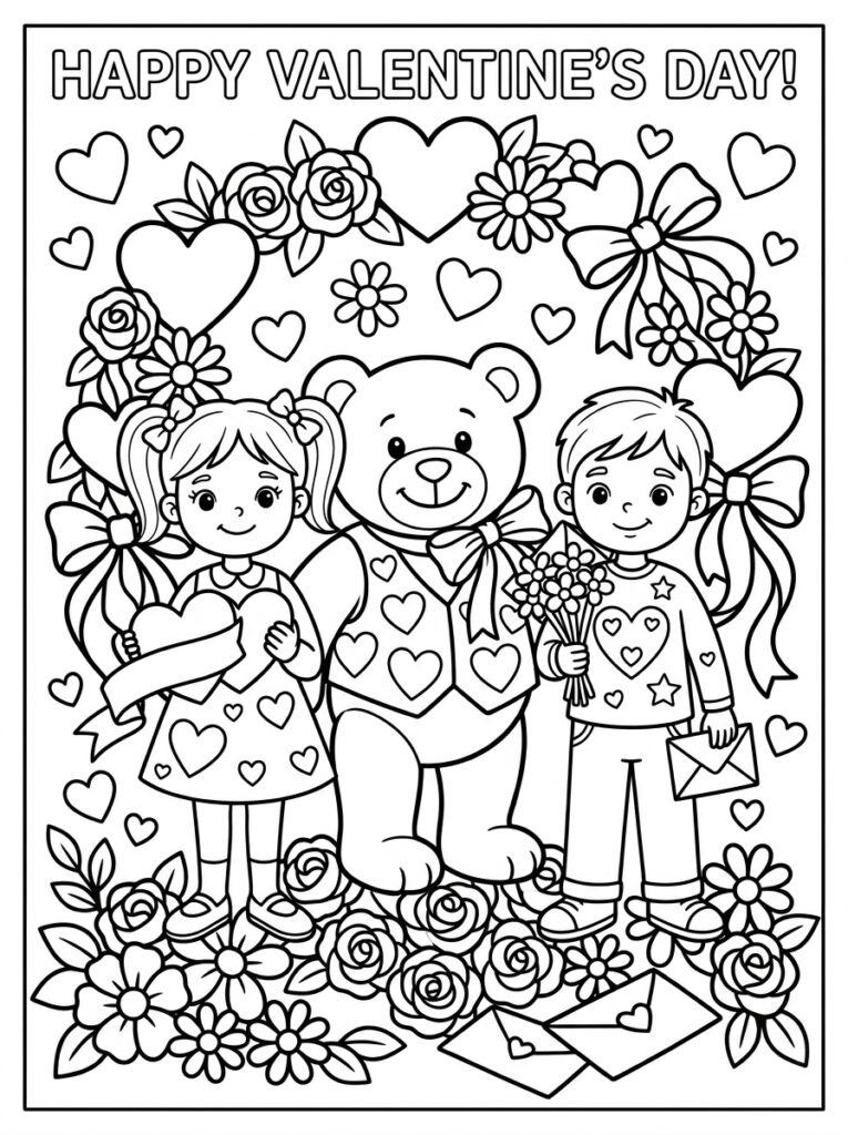Meisje met hart teddybeer en jongen met boeket